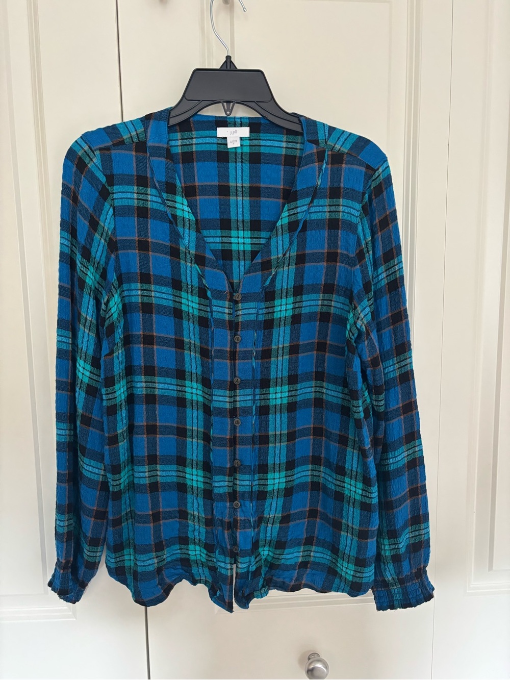 J. Jill Blue/Teal Plaid V-Neck Button Front Long Sleeve Blouse Womens small.